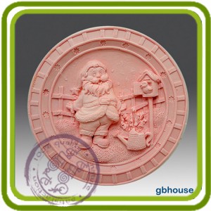 Санта в саду (круг) - 2D силиконовая форма для мыла, свечей, шоколада, гипса и пр.