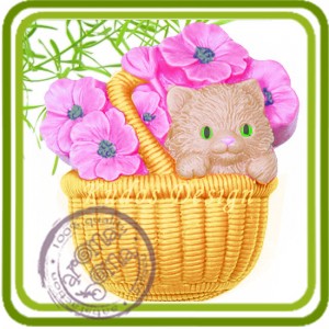 Котенок в корзине с цветами - 2D силиконовая форма для мыла, свечей, шоколада, гипса и пр. 
